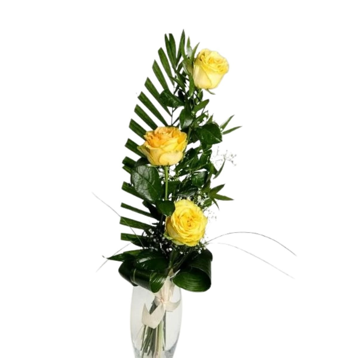 3 žlté ruže s dekoráciou