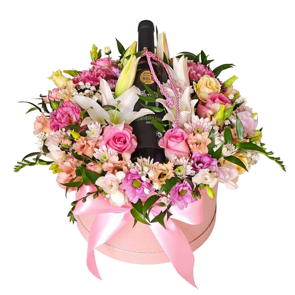 Kvetinový box s vínom  - ružový