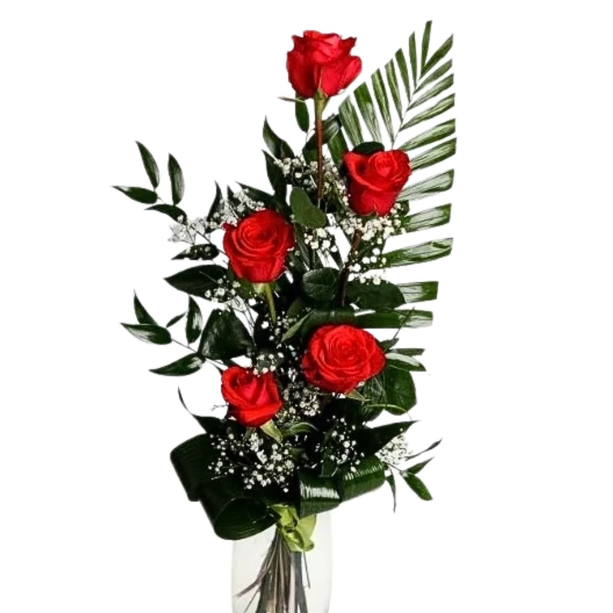 5 červených ruží s dekoráciou