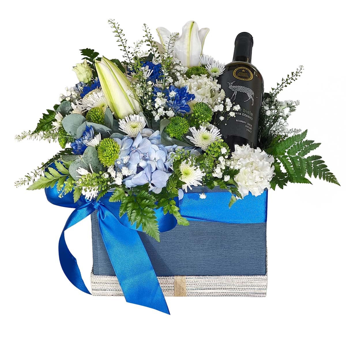 Kvetinový box s vínom  - modrý