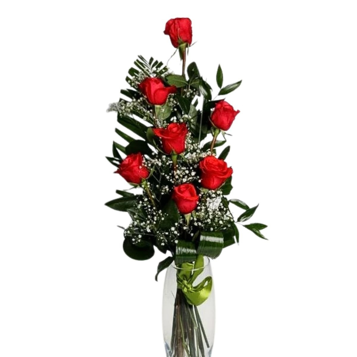 7 červených ruží s dekoráciou