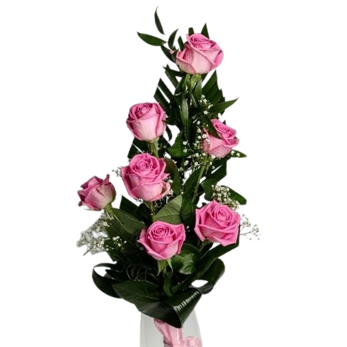 7 ružových ruží s dekoráciou