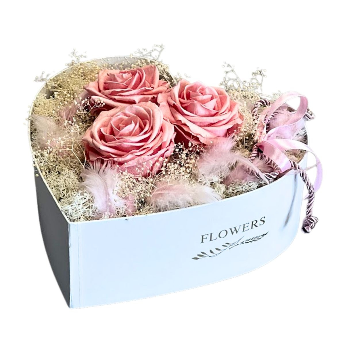Stabilizované ruže v bielom srdiečkovom boxe - ružové