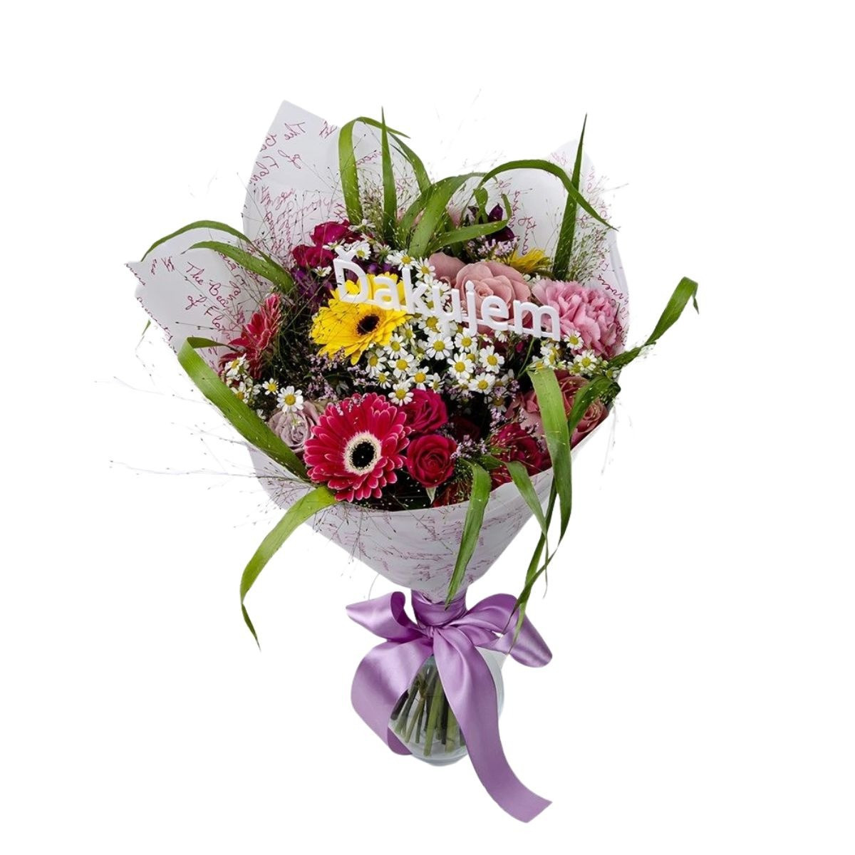 Miešaná kytica s gerberami + Nápis