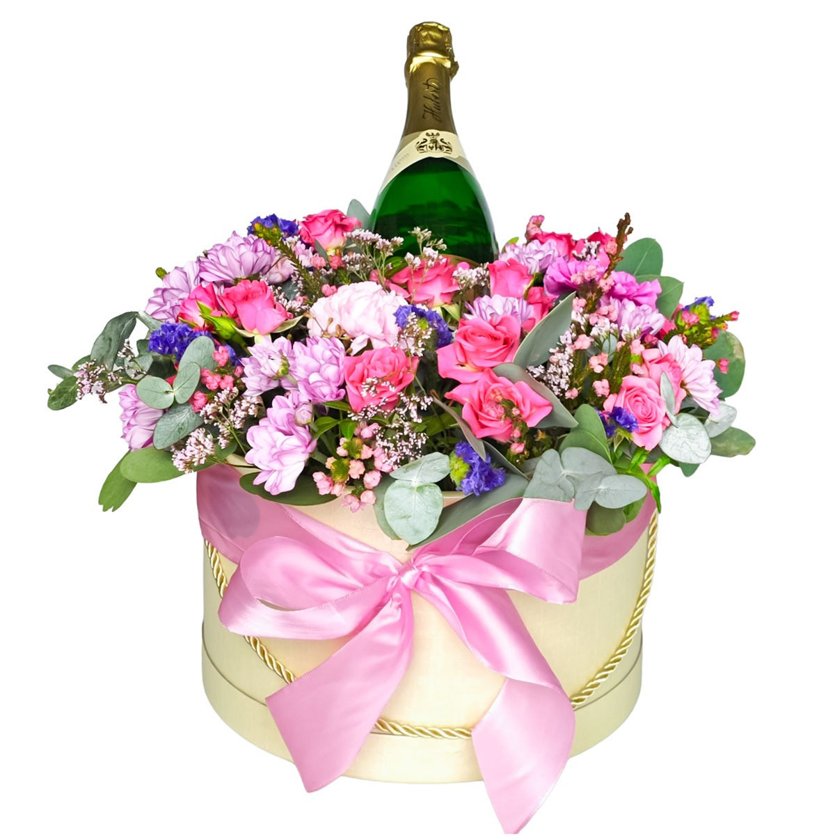 Kvetinový box so šumivým vínom